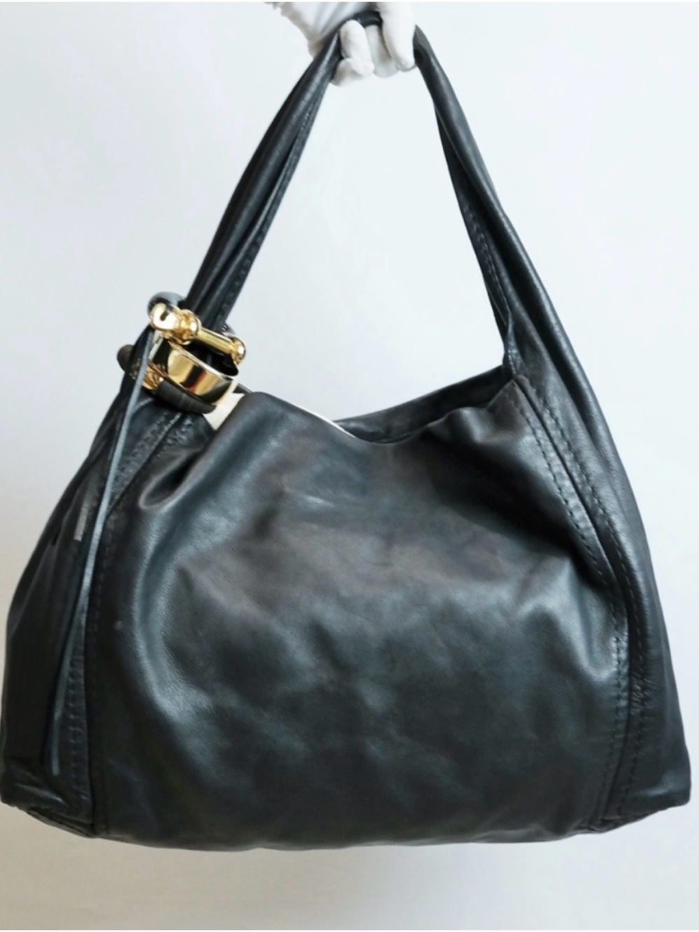 Jimmy Choo Black Leather Shoulder Bag with Gold Accent